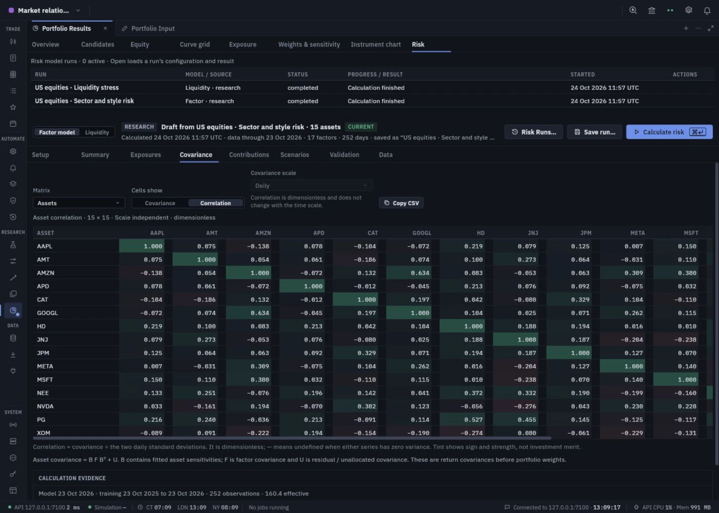 Inspect covariance and correlation in dark mode
